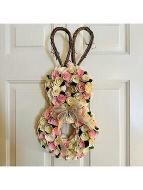 Laura Ashley Curled Wood Rabbit Wreath Pink Cream 24" Bow NWT!